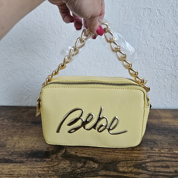 NWT Bebe Gianna Butter Yellow Camera Bag Gold Logo Chain Satchel Crossbody Purse - Picture 1 of 12